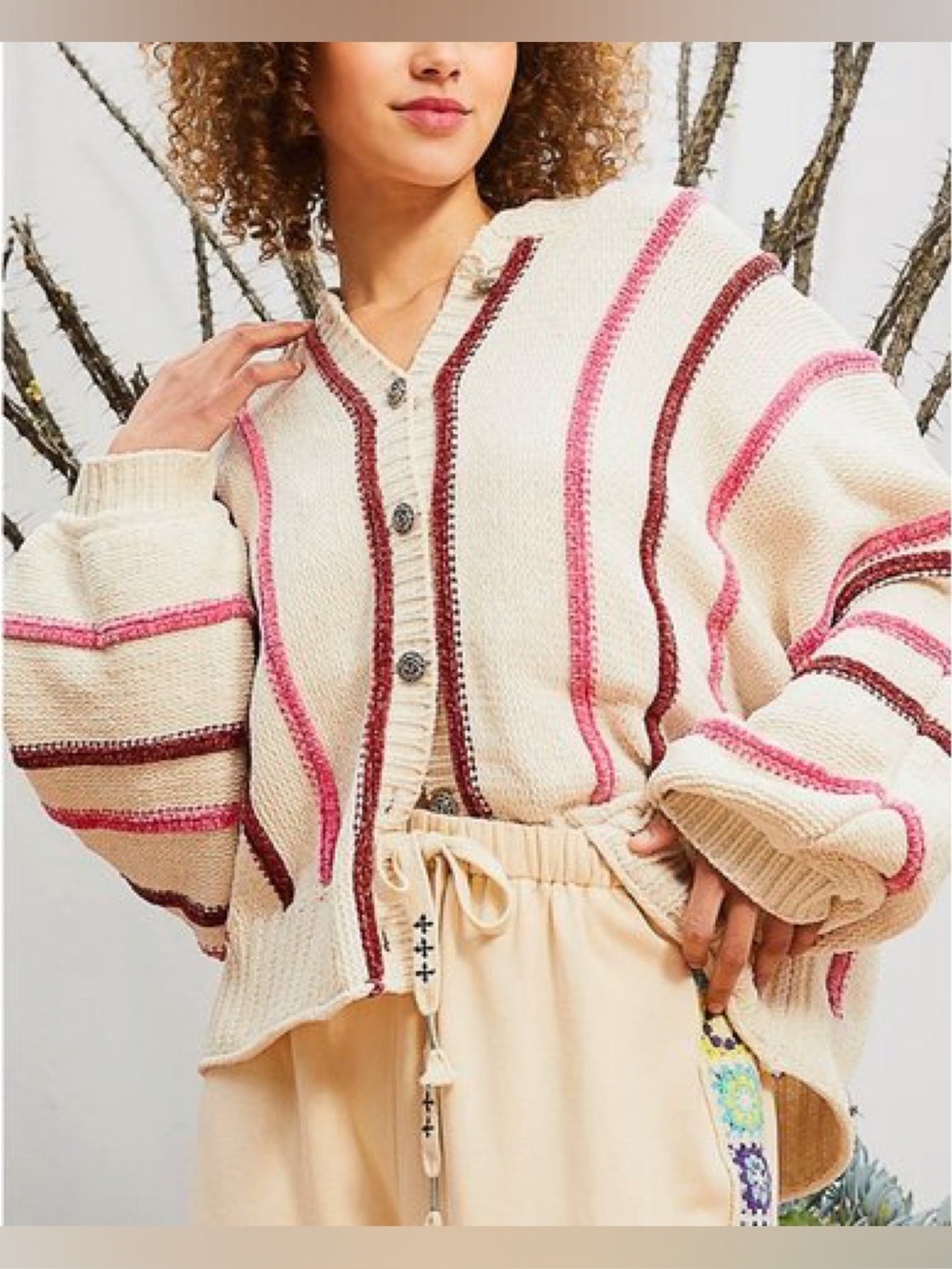 POL Powder Almond Contrast Stitched Rib Band Cardigan Sweater Size Small